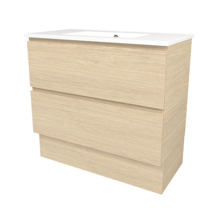 Elemental Plus Vanity Silk Primavera Oak 900mm Centre Bowl Alpha Top Floor Standing