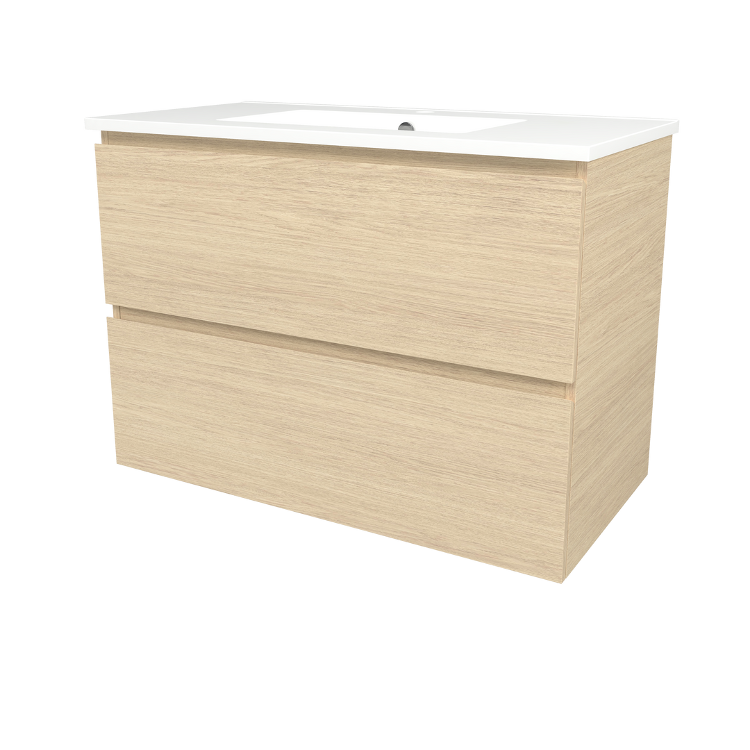 Elemental Plus Vanity Silk Primavera Oak 900mm Centre Bowl Alpha Top Floor Standing