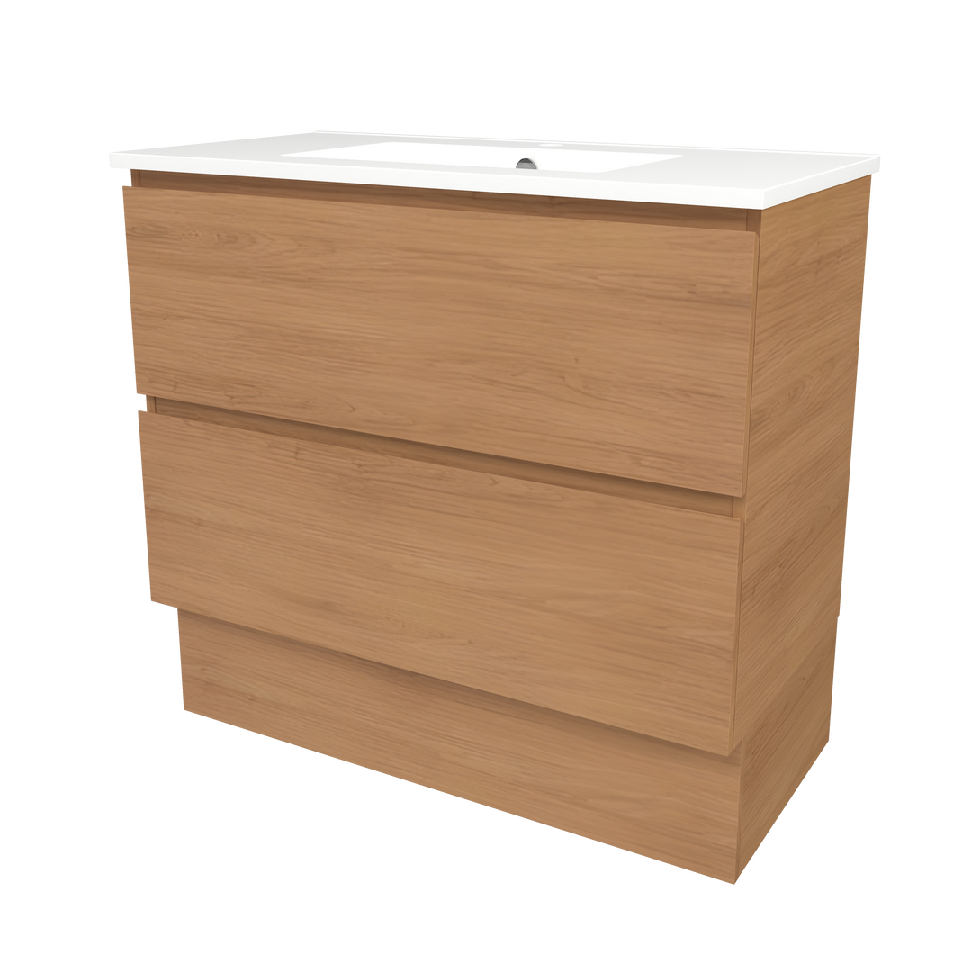 Elemental Plus Vanity Tassie Oak 900mm Centre Bowl Alpha Top Floor Standing