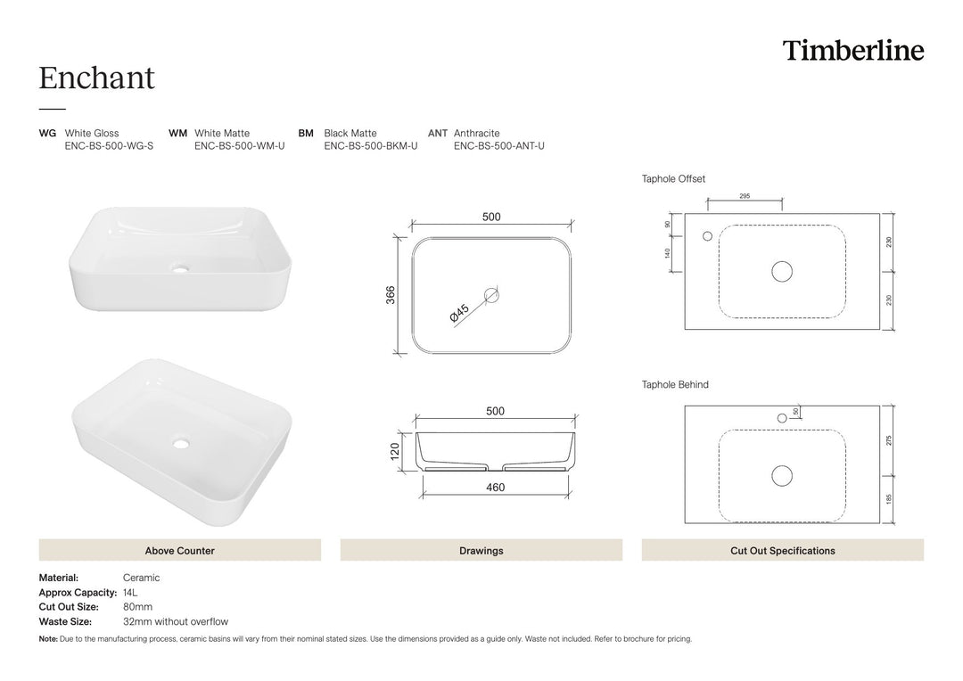 Enchant Basin 500mm White Matt Spec Sheet