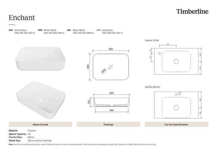 Enchant Basin 500mm White Matt Spec Sheet