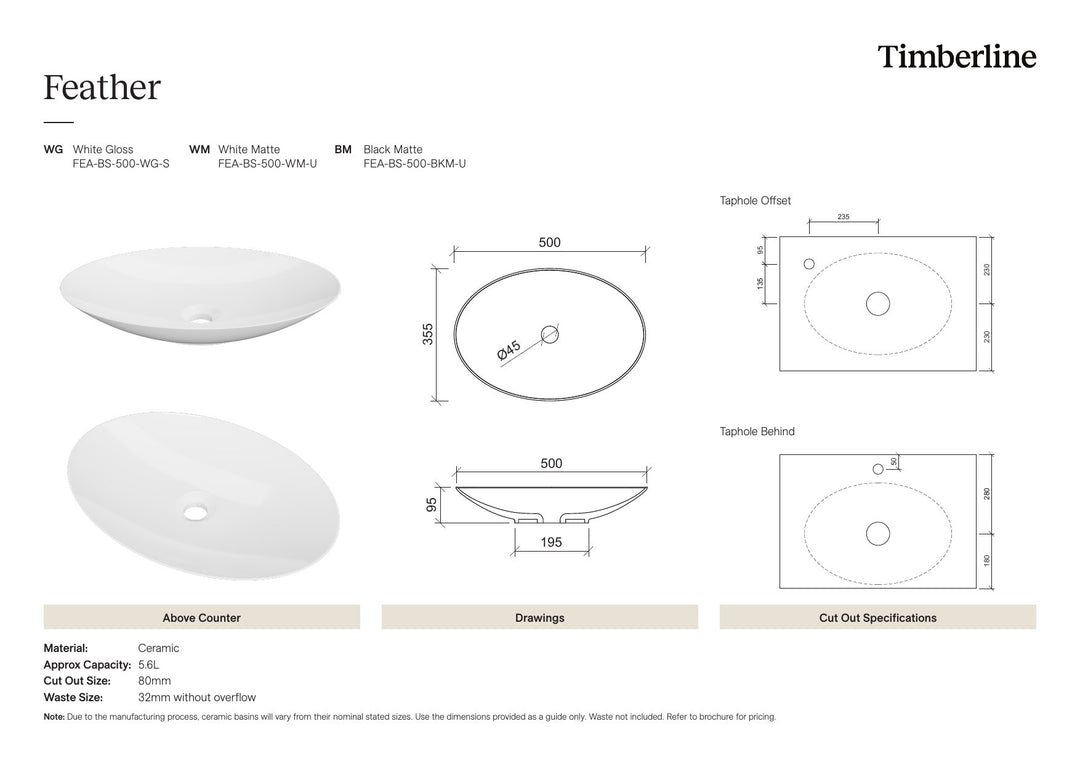 Feather Basin 510mm White Matt Spec Sheet