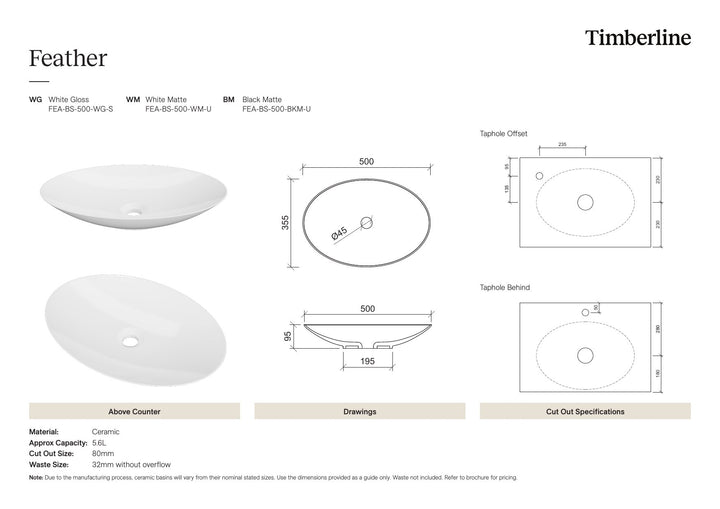 Feather Basin 510mm White Matt Spec Sheet