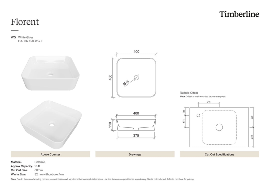 Florent Basin 400mm White Gloss Spec Sheet