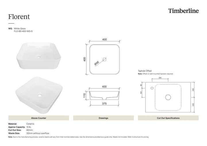 Florent Basin 400mm White Gloss Spec Sheet
