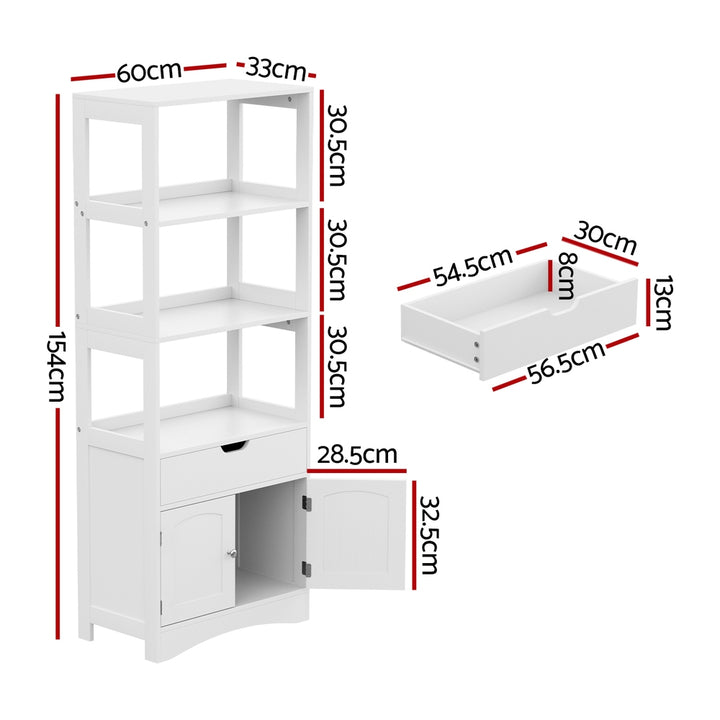 Artiss Bathroom Floor Storage Cabinet with 2 Drawers, 3 Open Shelves and 2 Doors in White – Stylish bathroom organiser