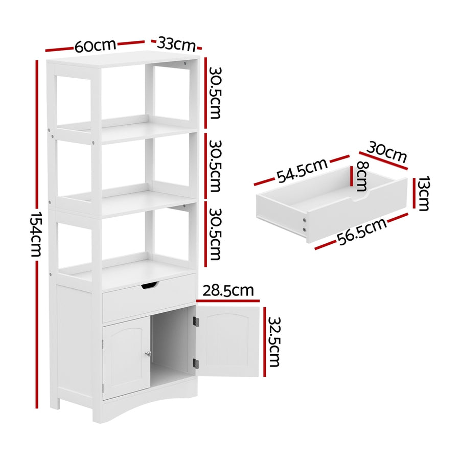Artiss Bathroom Floor Storage Cabinet with 2 Drawers, 3 Open Shelves and 2 Doors in White – Stylish bathroom organiser