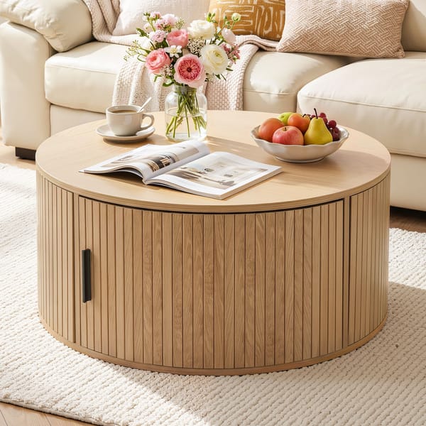 Round Coffee Table Storage Fluted Center Table Living Room Office 80cm Wood