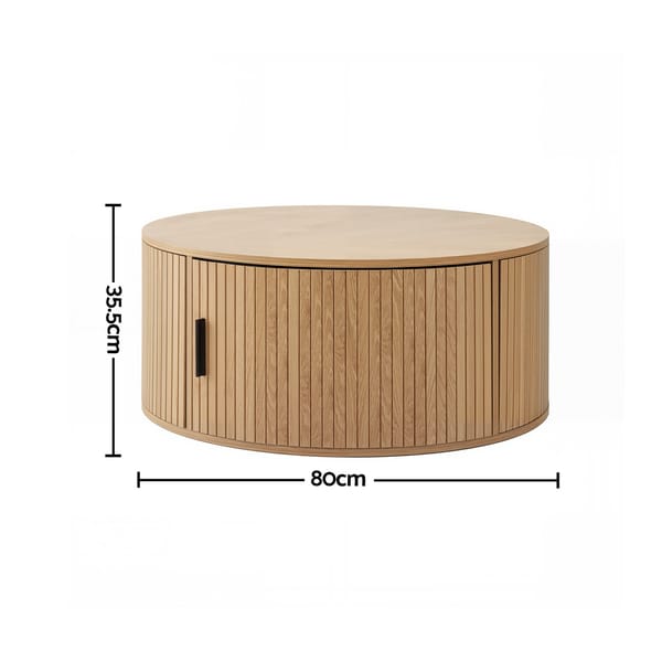 Round Coffee Table Storage Fluted Center Table Living Room Office 80cm Wood