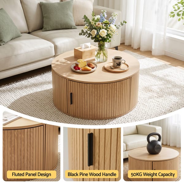 Round Coffee Table Storage Fluted Center Table Living Room Office 80cm Wood