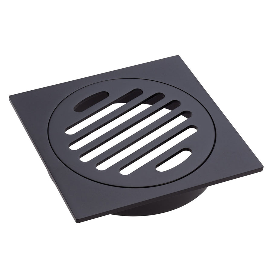 Square Floor Waste, Round Grate, 100mm Outlet, Matte Black – Pilbara Bathroom Warehouse Perth and regional Western Australia