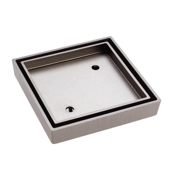 Square Tile Bed Floor Waste, 90mm Outlet, Brushed Nickel – Pilbara Bathroom Warehouse Perth and regional Western Australia
