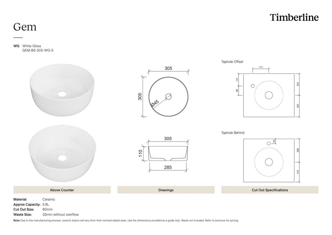 Gem Basin 305mm White Gloss Spec Sheet