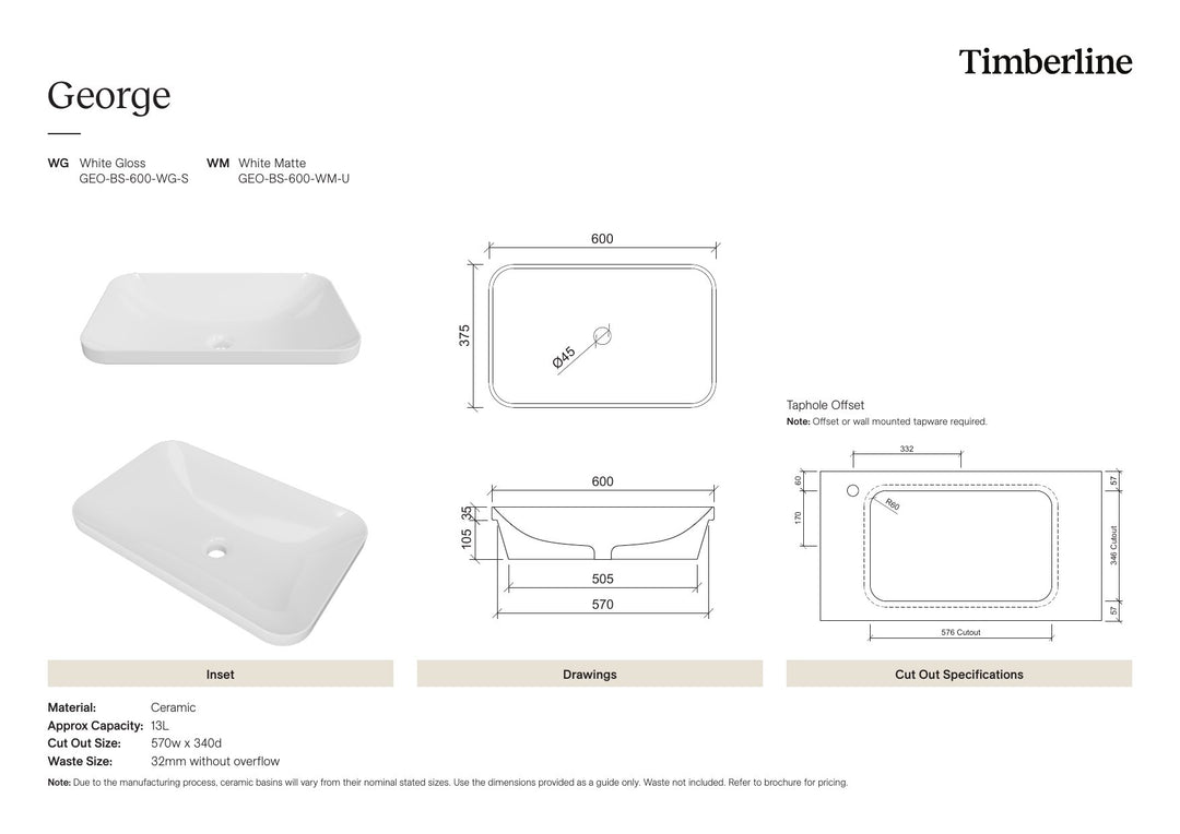 George Basin 600mm White Matt Spec Sheet