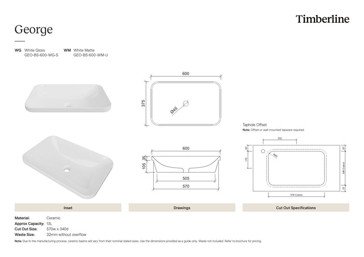 George Basin 600mm White Matt Spec Sheet