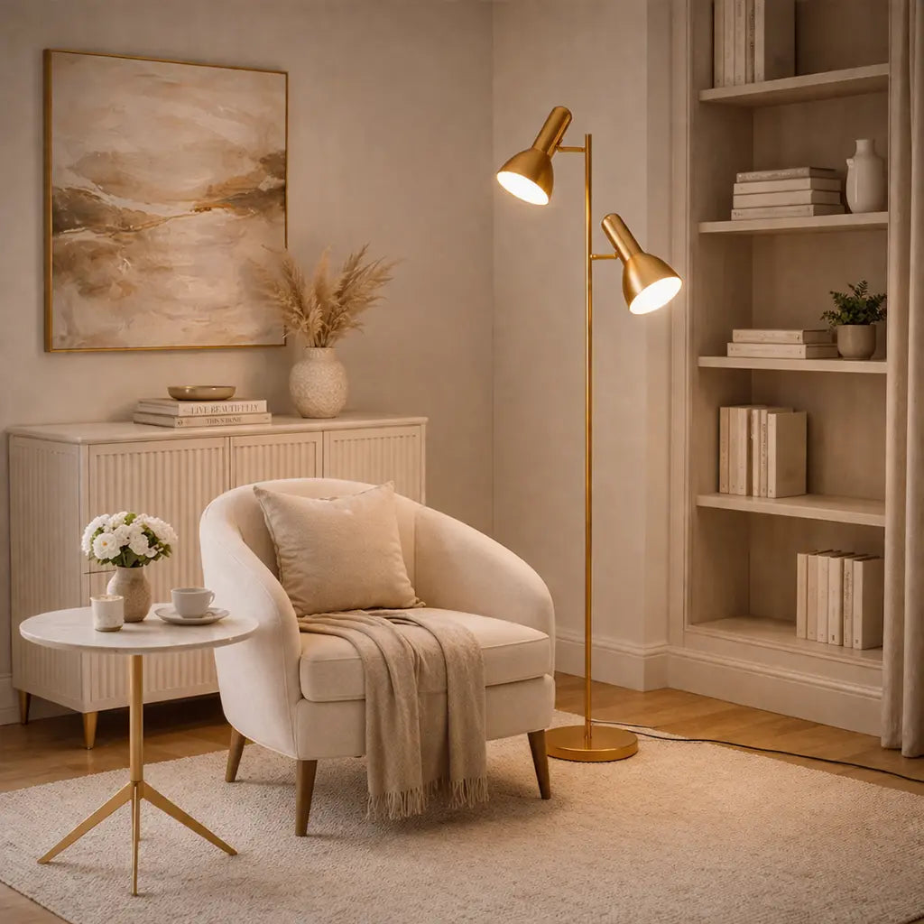 Hyvik Floor Lamp 2Lt in Black, Brass, Nickel or White
