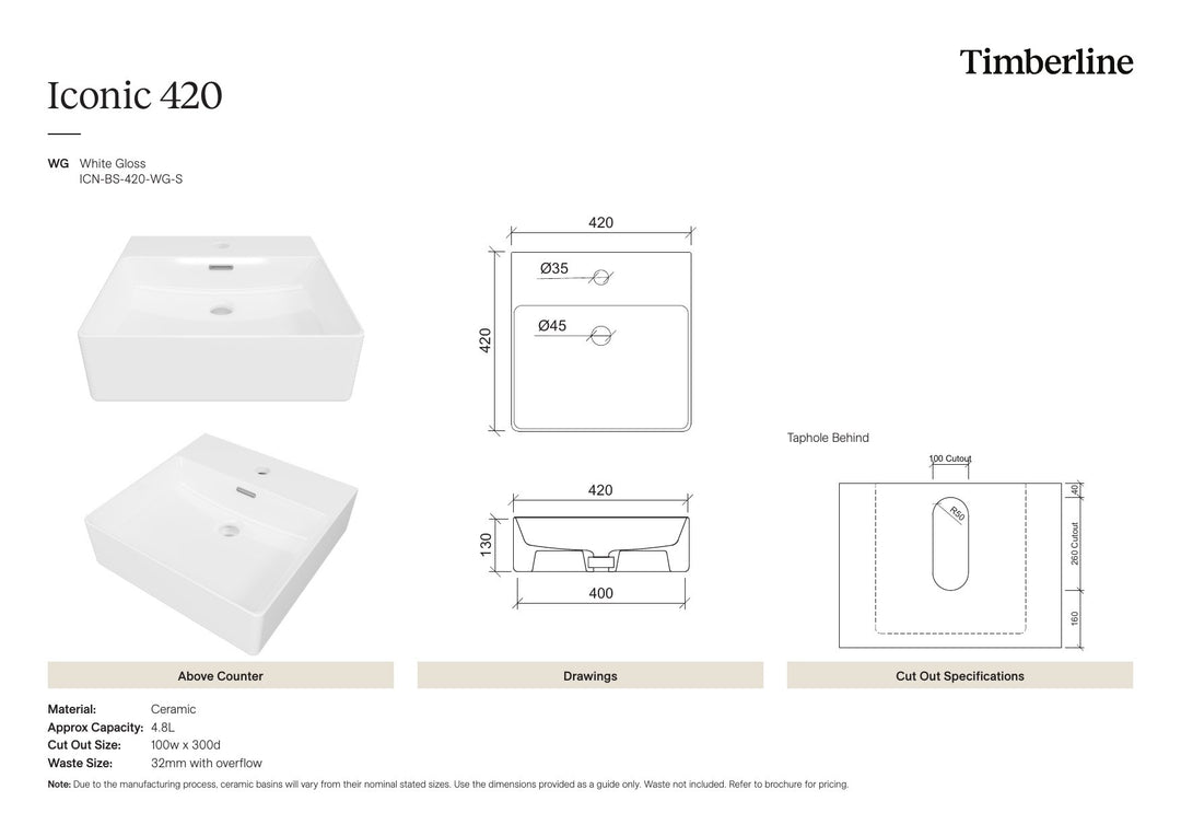 Iconic Basin 420mm White Gloss Spec Sheet