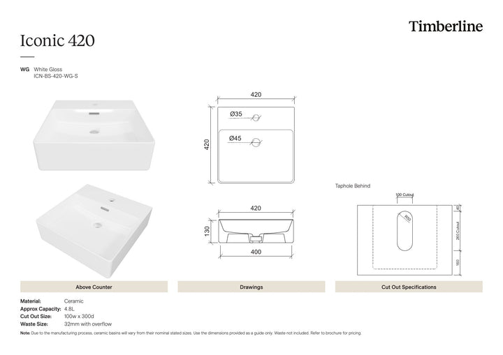 Iconic Basin 420mm White Gloss Spec Sheet