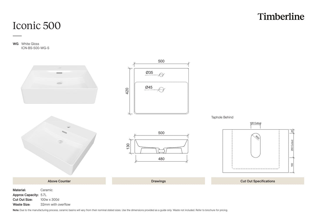 Iconic Basin 500mm White Gloss Spec Sheet