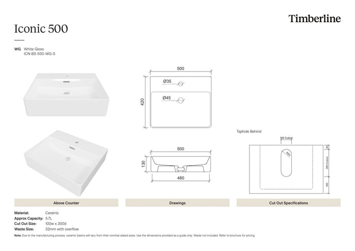 Iconic Basin 500mm White Gloss Spec Sheet