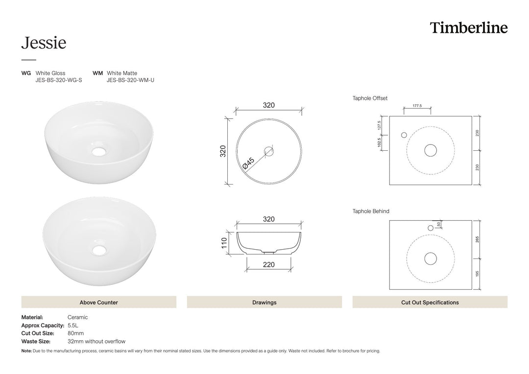 Jessie Basin 320mm White Matt Spec Sheet
