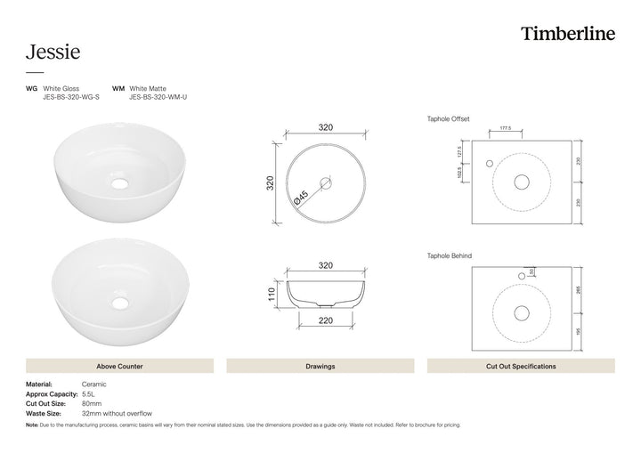 Jessie Basin 320mm White Matt Spec Sheet