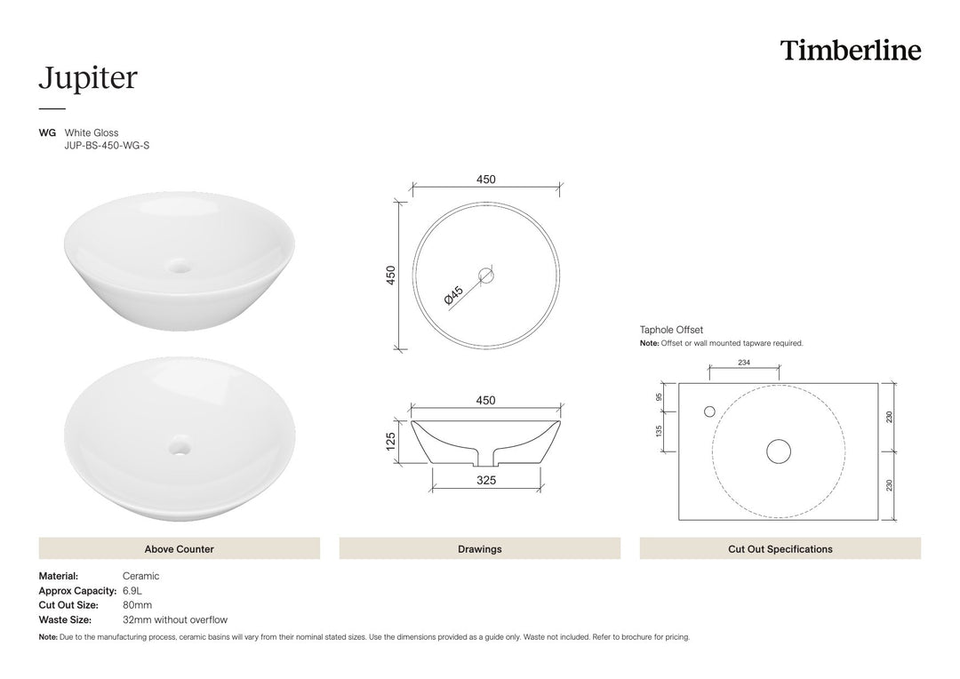 Jupiter Basin 450mm White Gloss Spec Sheet