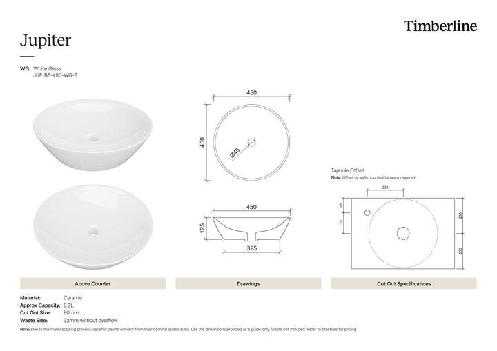 Jupiter Basin 450mm White Gloss Spec Sheet