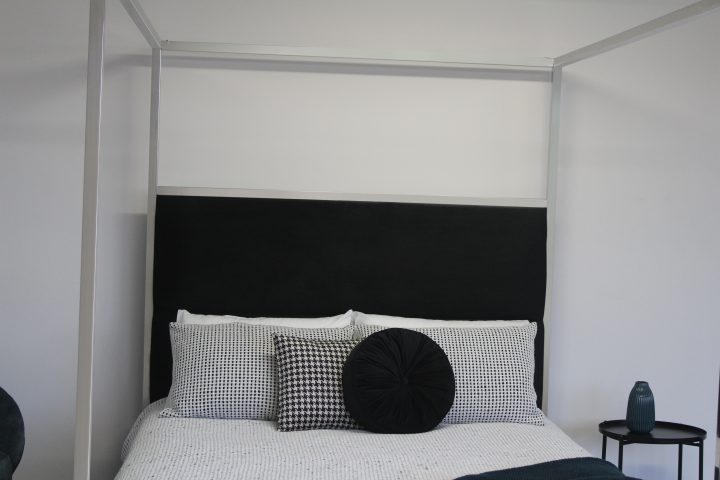 Jordana King Bed Black velvet chrome 4 poster canopy bed