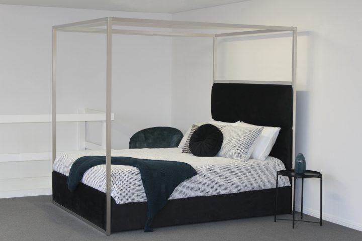 Jordana King Bed Black velvet chrome 4 poster canopy bed