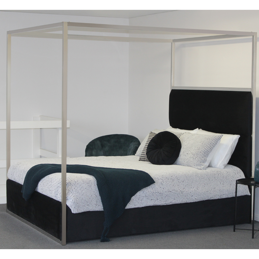 Jordana Queen Bed Black velvet chrome 4 poster canopy bed