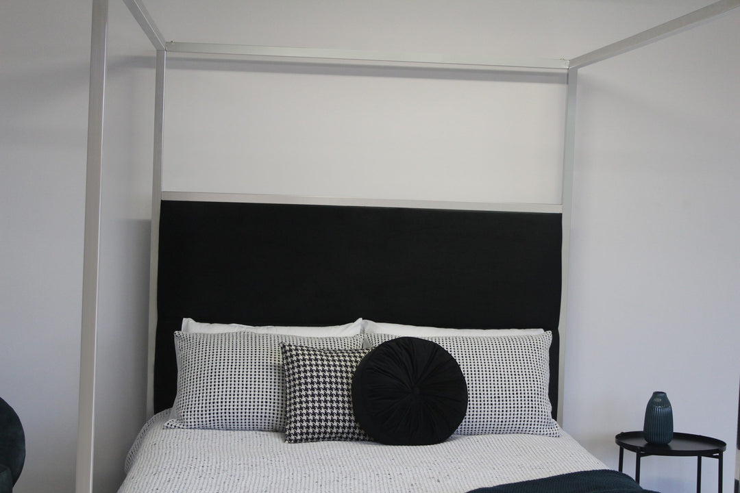 Jordana Queen Bed Black velvet chrome 4 poster canopy bed