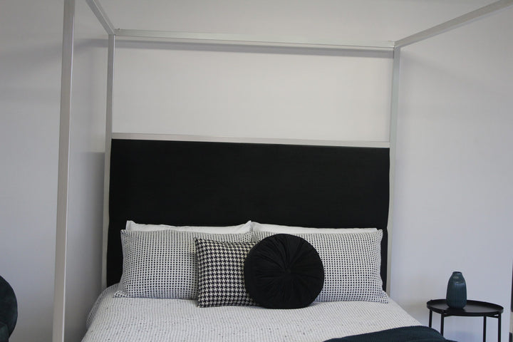 Jordana Queen Bed Black velvet chrome 4 poster canopy bed