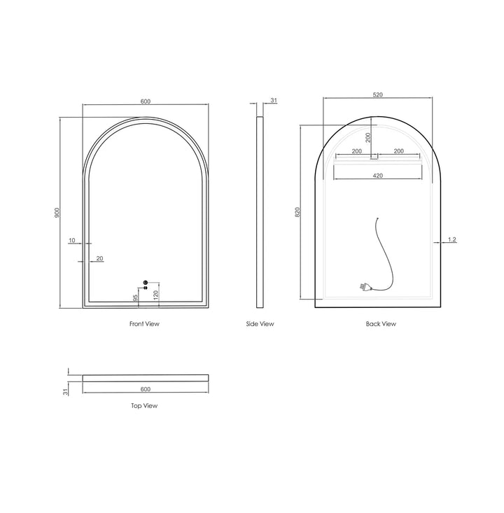 LED Archie 900x600 Matte Black Metal Frame Mirror