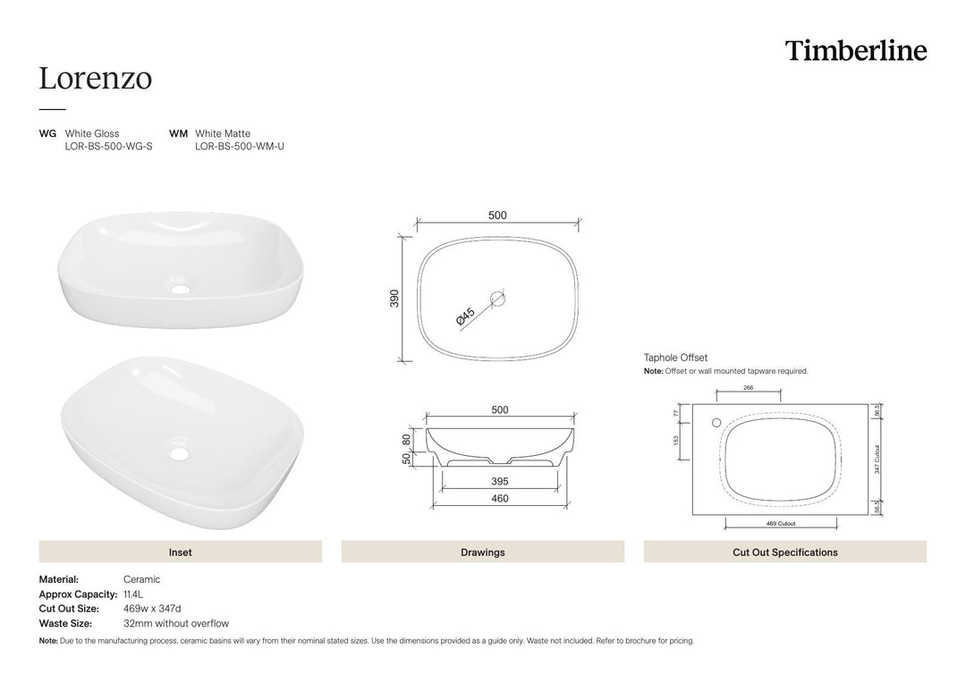 Lorenzo Basin 500mm White Matt Spec Sheet