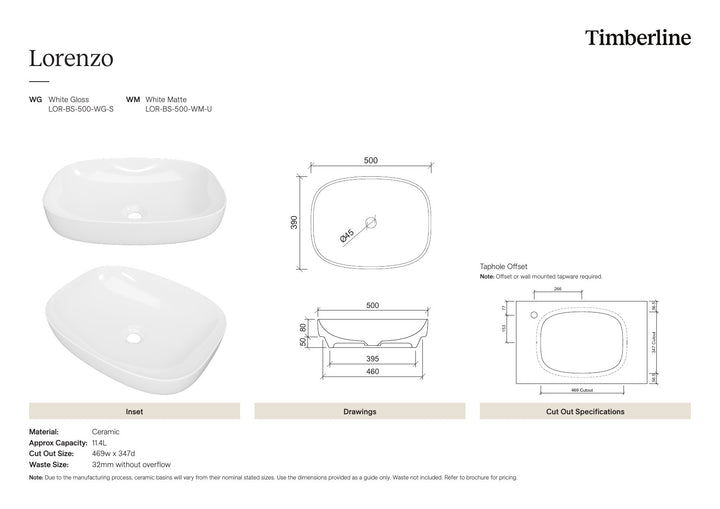 Lorenzo Basin 500mm White Matt Spec Sheet
