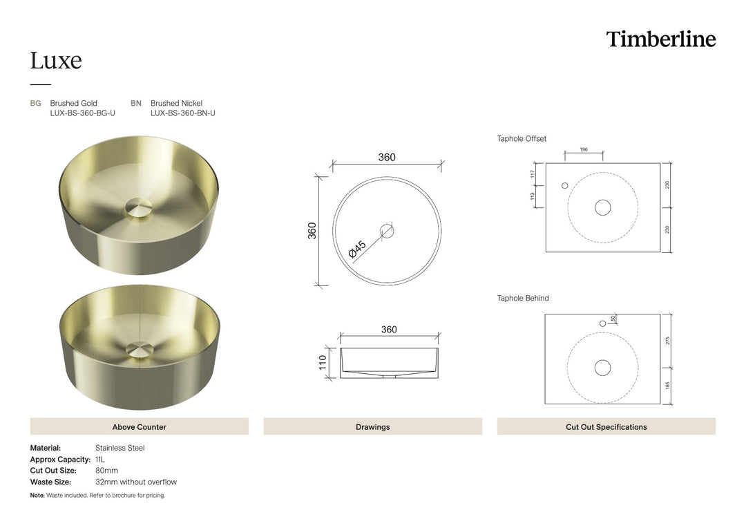 Luxe Basin 360mm Brushed Nickel Spec Sheet