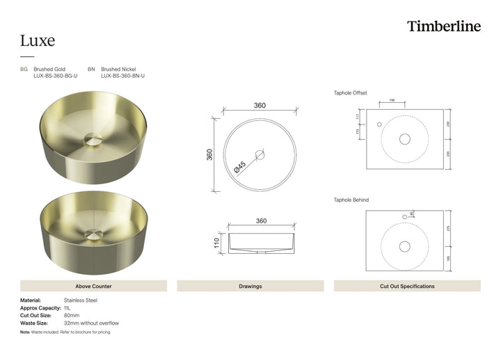Luxe Basin 360mm Brushed Nickel Spec Sheet