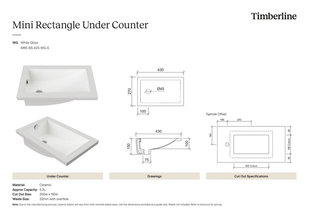 Mini Rectangle Undermount Basin 430mm White Gloss Spec Sheet