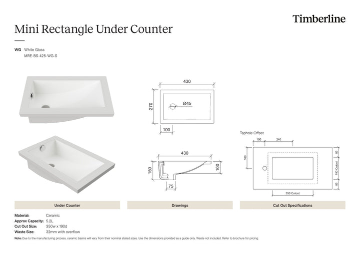 Mini Rectangle Undermount Basin 430mm White Gloss Spec Sheet