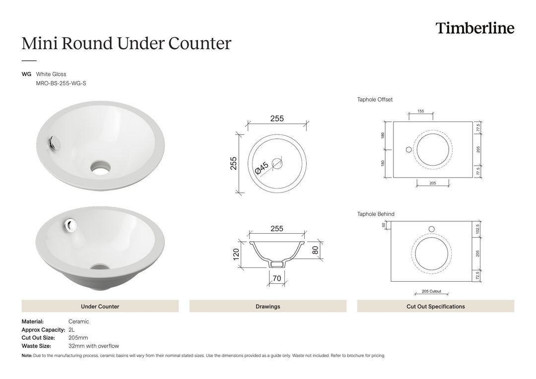 Mini Round Undermount Basin 260mm White Gloss Spec Sheet