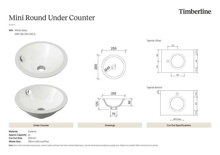 Mini Round Undermount Basin 260mm White Gloss Spec Sheet