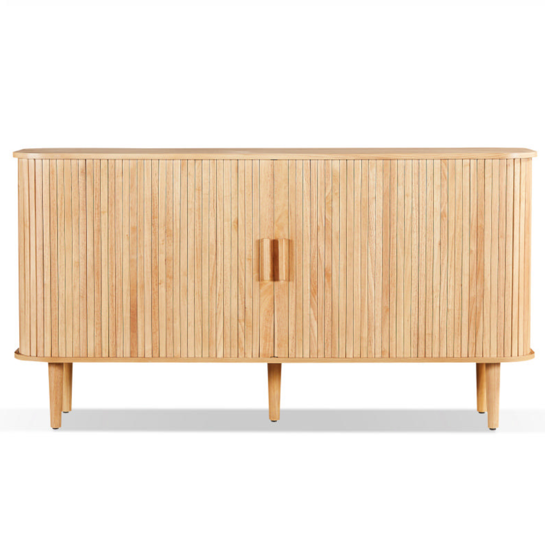 Wooden sideboard with a minimalist design on a white background