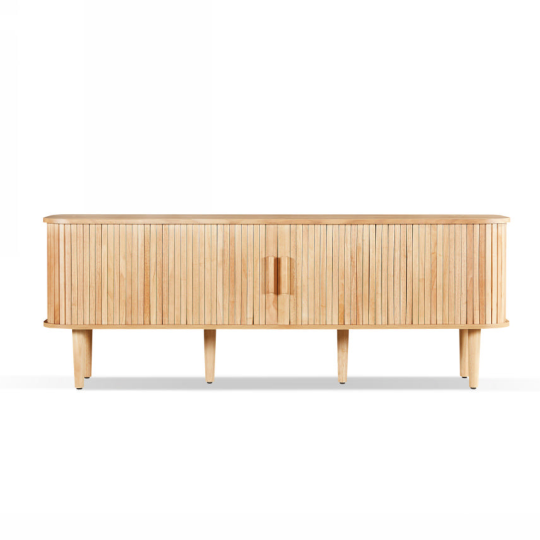 Wooden sideboard with a minimalist design on a white background