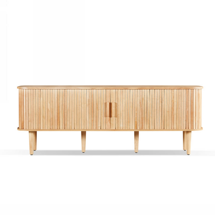 Wooden sideboard with a minimalist design on a white background