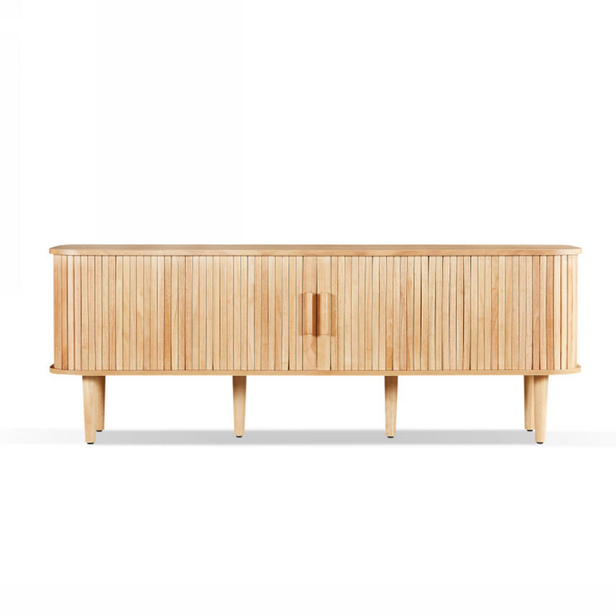 Wooden sideboard with a minimalist design on a white background