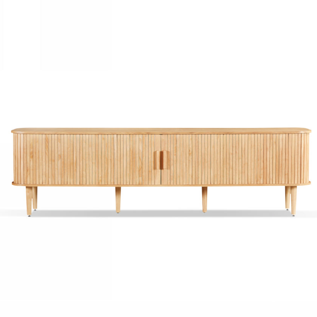 Wooden sideboard with a minimalist design on a white background