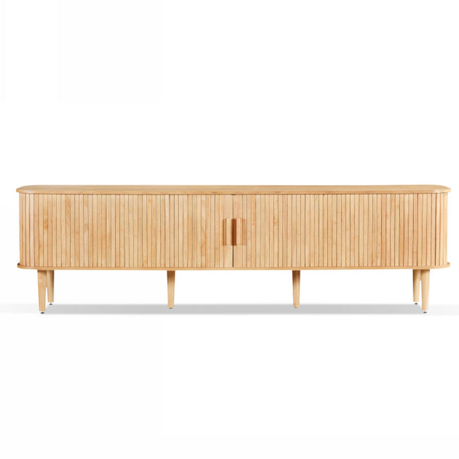 Wooden sideboard with a minimalist design on a white background