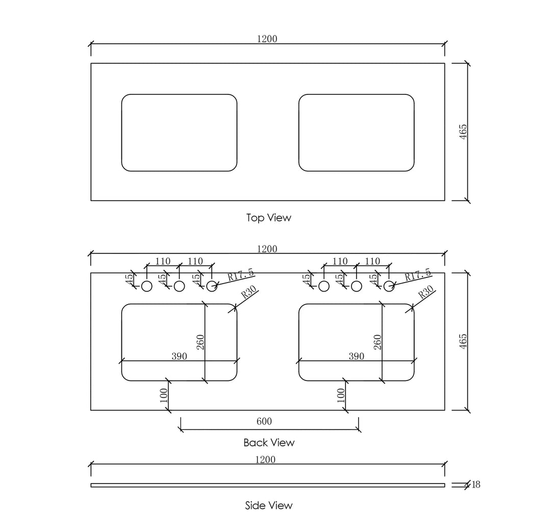 Natural Carrara Marble 1200x465x18 Top with Double Undermount Basins