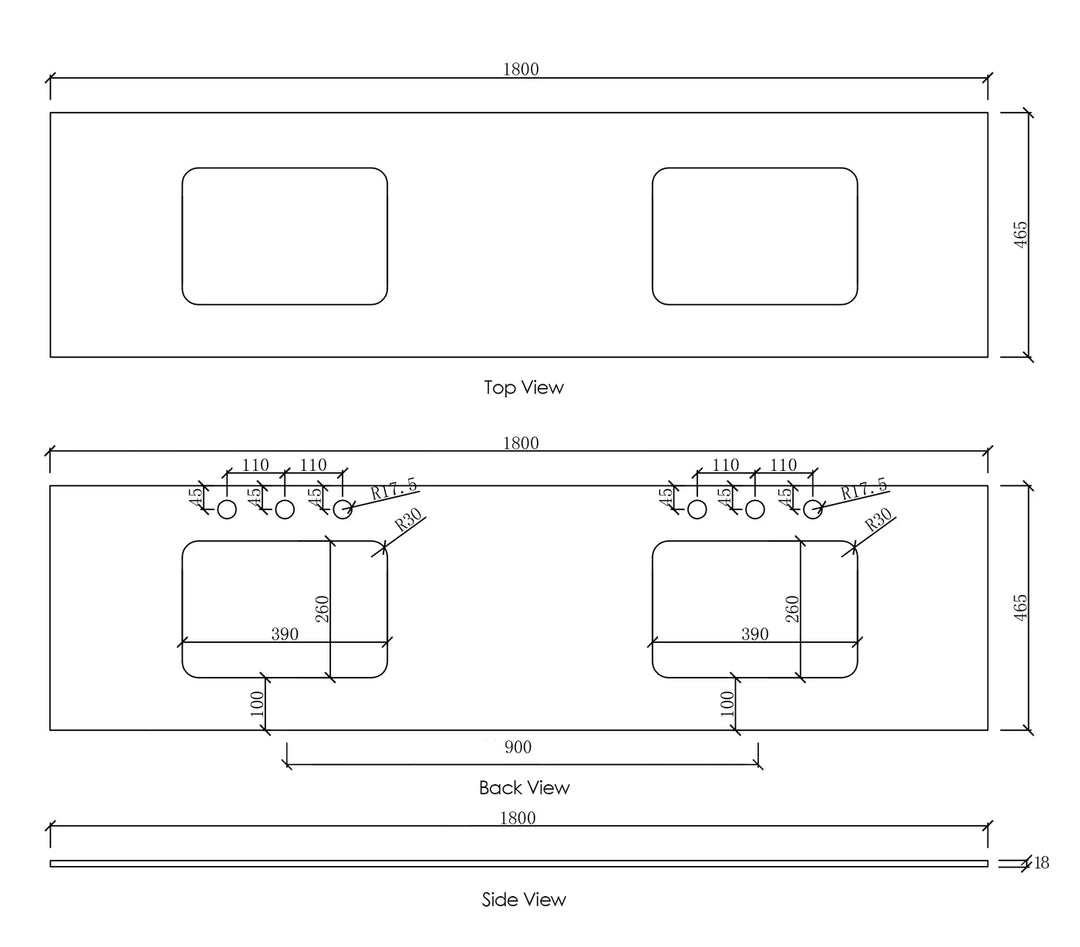 Natural Carrara Marble 1800x465x18 Top with Double Undermount Basins